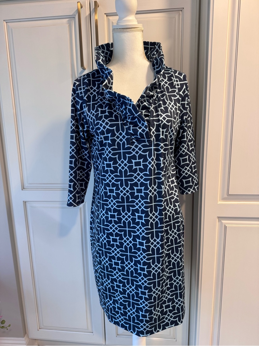 Gretchen Scott Designs Navy & White Geometric Ruffle Collar Midi Dress